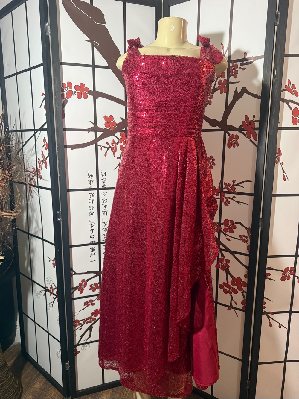 Girls' Red Sequin Maxi Dress with Shoulder Ties